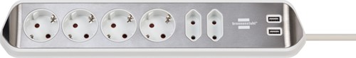 Stekkerdoos Brennenstuhl bureau Estilo 6 voudig inclusief 2 USB 200cm wit/zilver