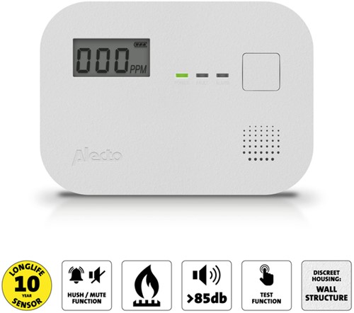 Koolmonoxidemelder Alecto 10 jaar sensor en display COA3910 wit-3