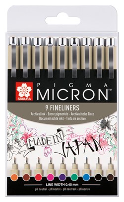 Fineliner Sakura Pigma Micron 05 0.45mm set à 9 kleuren