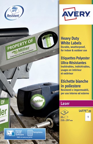 Etiket Avery L4775-20 210x297mm polyester wit 20 stuks