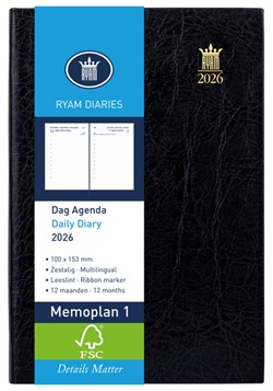 Agenda 2026 Ryam Memoplan 7 Suprema ringplastic 7dagen/2pagina's zwart