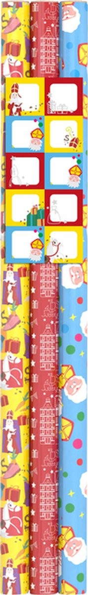 Inpakpapier Sint 200x70cm set à 3 rollen + stickervel met 10 etiketten assorti